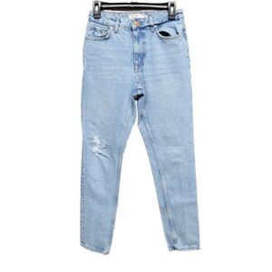 Zara Basic Denim Distressed Straight Tapered Mom High Rise Jeans Womens‎ 2 Blue